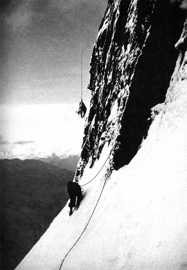 Toni Kurz dangling off the North Face of the Eiger