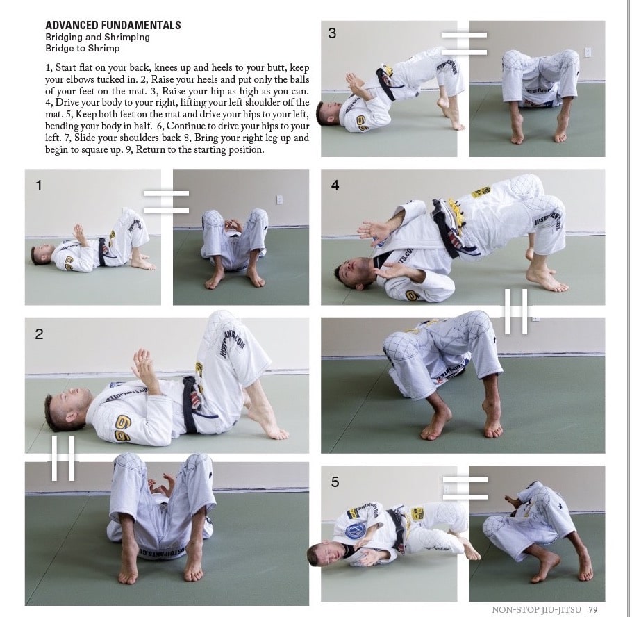 Page 79 of Nonstop Jiu-jitsu, showing how to combine the bridge motion with the hip escape motion