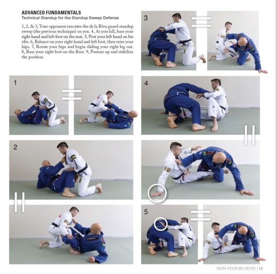Page 15 of Nonstop Jiu-Jitsu, showing the use of the Technical Standup in sweep defense and followup