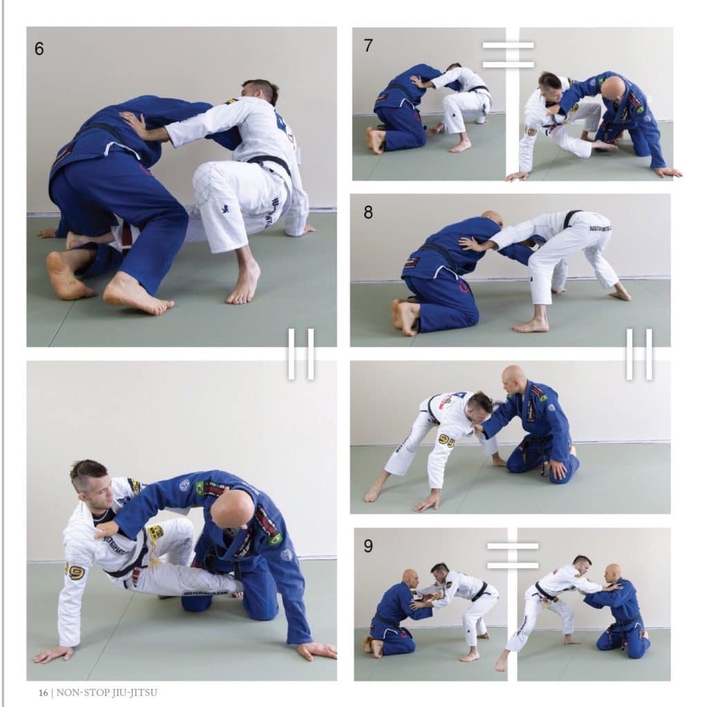 Page 16 of Nonstop Jiu-Jitsu, showing the use of the Technical Standup in sweep defense and followup
