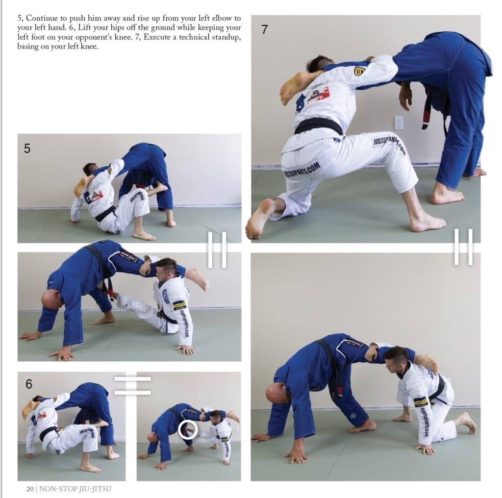 Page 20 of Nonstop Jiu-Jitsu showing how to use the Technical Standup to finish the X guard sweep